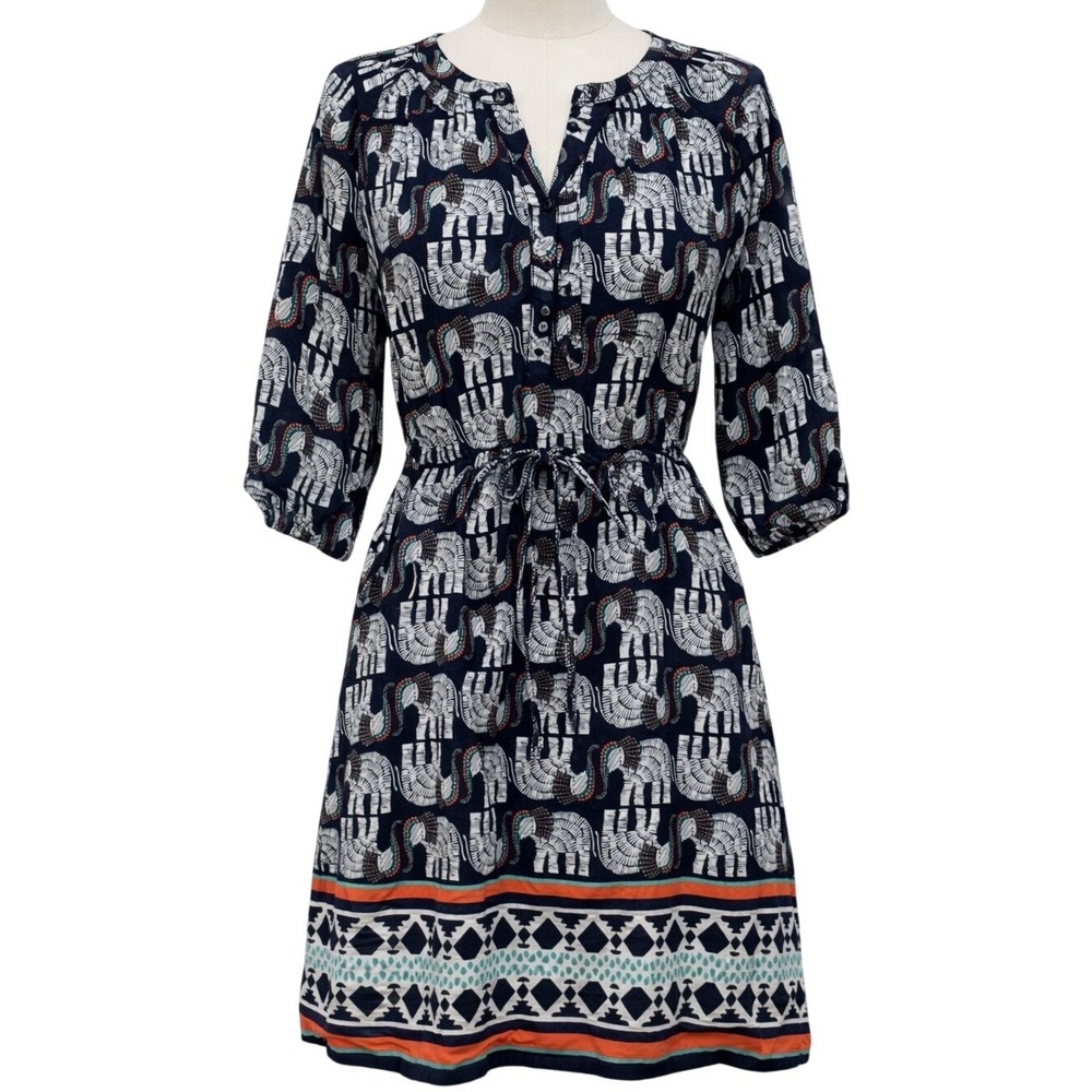 Crown & Ivy Womens Navy Blue Elephant Print Tunic Dress‎ Size 4 Casual